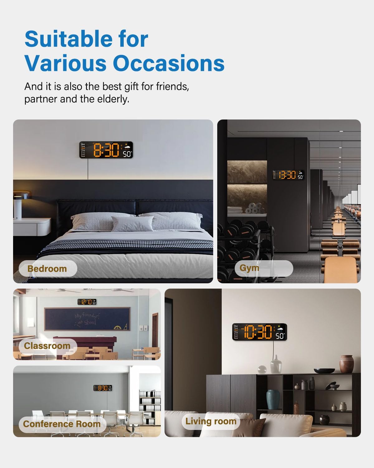 Digital Wall Clock, Digital Clock Large Display with Remote Control, Corded LED Alarm Clocks with Date, Week, Temp, Humidity, Auto DST, Countdown, for Living Room Bedroom Classroom Office (Blue)