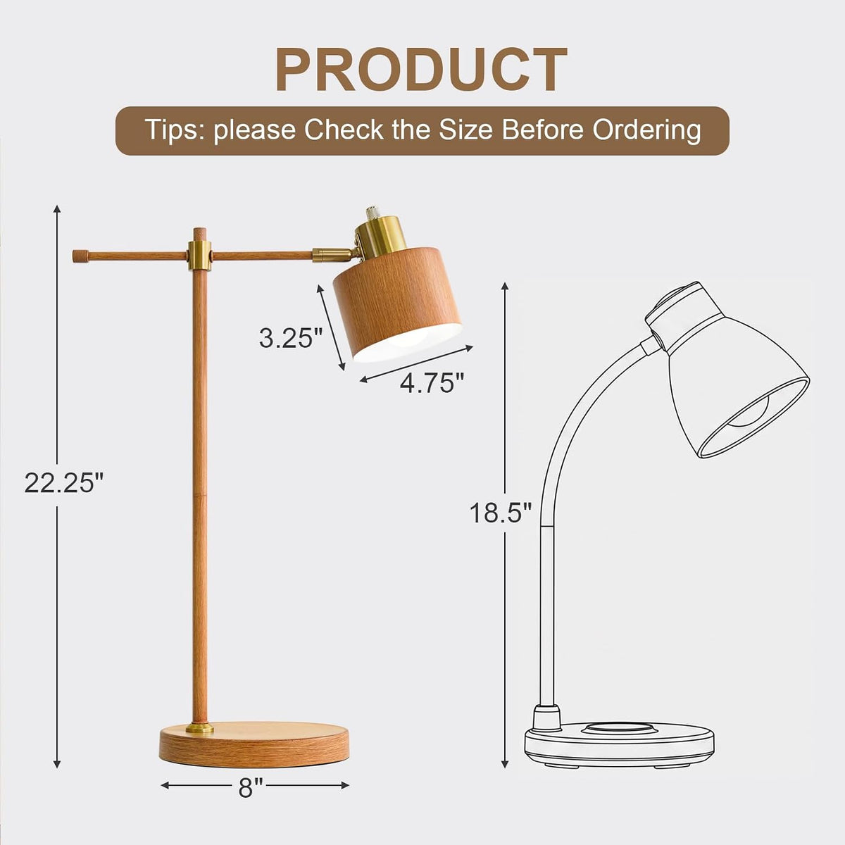 22.2" Mid Century Desk Lamp, Modern Metal Table Lamp with LED Bulb, Adjustable Reading Lamps, Industrial Task Lamp for Home Office, Farmhouse Bedside Lamps with Solid Base, Woodgrain