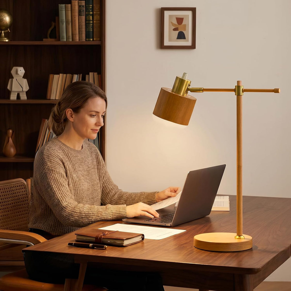 22.2" Mid Century Desk Lamp, Modern Metal Table Lamp with LED Bulb, Adjustable Reading Lamps, Industrial Task Lamp for Home Office, Farmhouse Bedside Lamps with Solid Base, Woodgrain