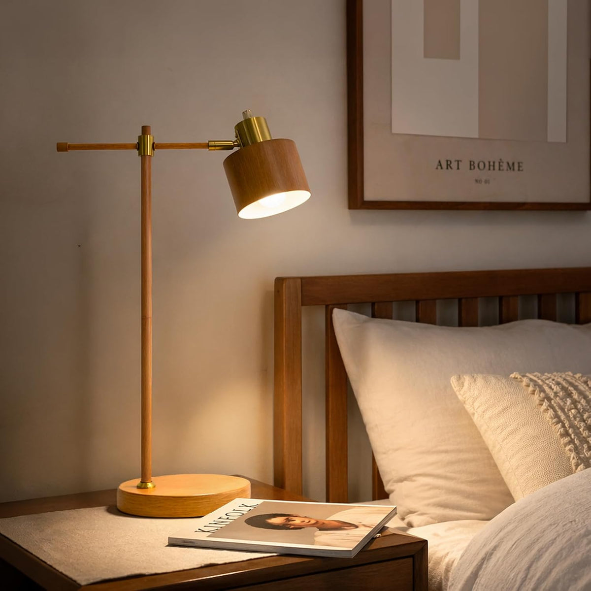 22.2" Mid Century Desk Lamp, Modern Metal Table Lamp with LED Bulb, Adjustable Reading Lamps, Industrial Task Lamp for Home Office, Farmhouse Bedside Lamps with Solid Base, Woodgrain