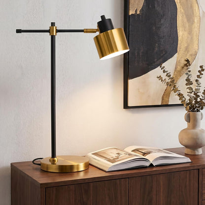 22.2" Mid Century Desk Lamp, Modern Metal Table Lamp with LED Bulb, Adjustable Reading Lamps, Industrial Task Lamp for Home Office, Farmhouse Bedside Lamps with Solid Base, Woodgrain