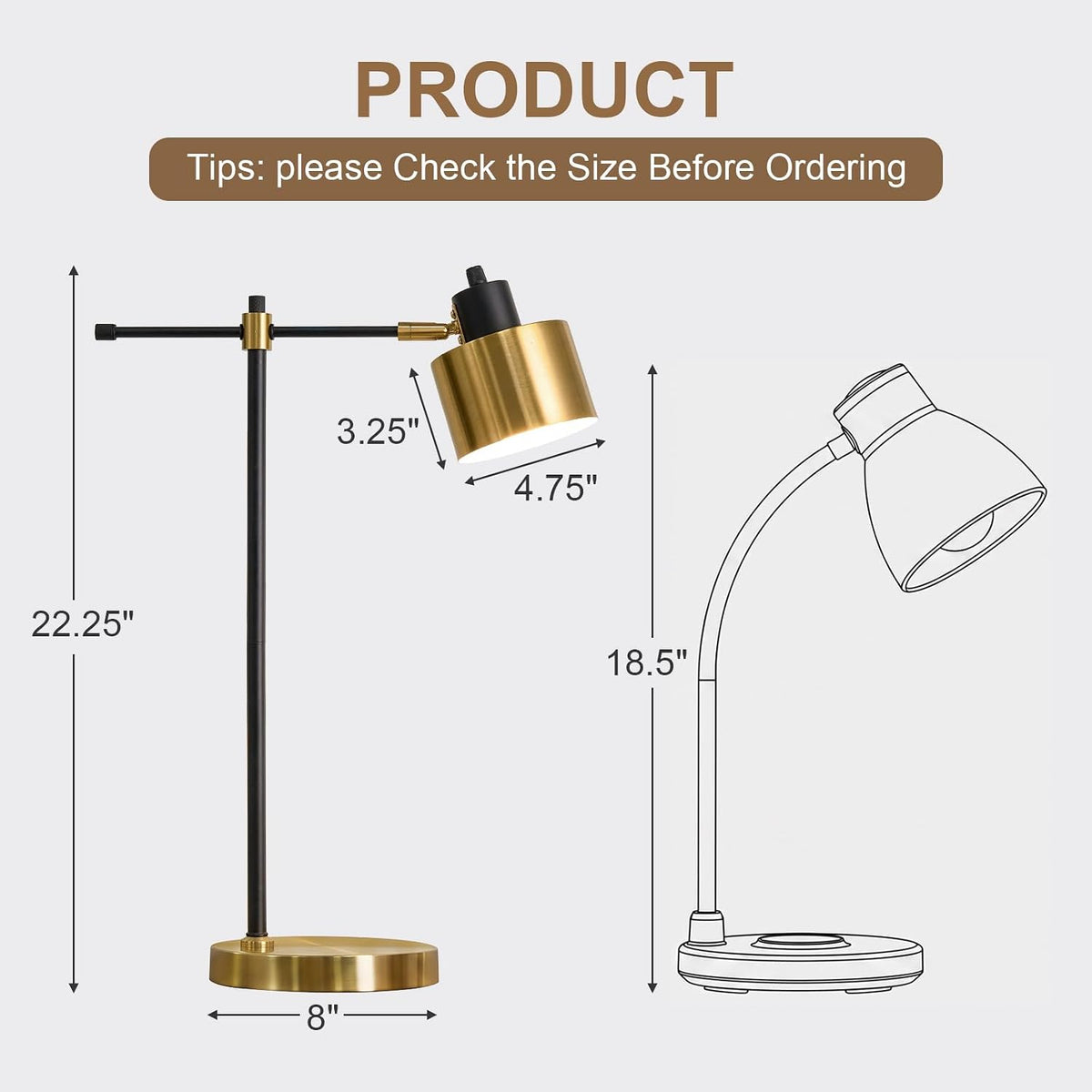 22.2" Mid Century Desk Lamp, Modern Metal Table Lamp with LED Bulb, Adjustable Reading Lamps, Industrial Task Lamp for Home Office, Farmhouse Bedside Lamps with Solid Base, Woodgrain