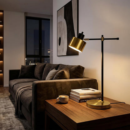 22.2" Mid Century Desk Lamp, Modern Metal Table Lamp with LED Bulb, Adjustable Reading Lamps, Industrial Task Lamp for Home Office, Farmhouse Bedside Lamps with Solid Base, Woodgrain