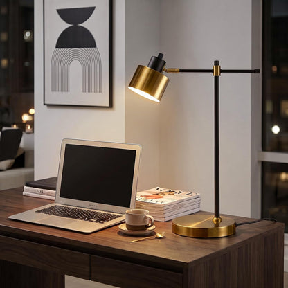 22.2" Mid Century Desk Lamp, Modern Metal Table Lamp with LED Bulb, Adjustable Reading Lamps, Industrial Task Lamp for Home Office, Farmhouse Bedside Lamps with Solid Base, Woodgrain