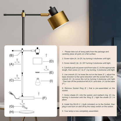22.2" Mid Century Desk Lamp, Modern Metal Table Lamp with LED Bulb, Adjustable Reading Lamps, Industrial Task Lamp for Home Office, Farmhouse Bedside Lamps with Solid Base, Woodgrain