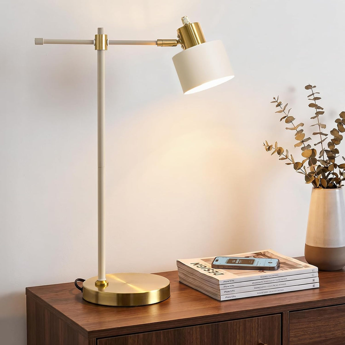 22.2" Mid Century Desk Lamp, Modern Metal Table Lamp with LED Bulb, Adjustable Reading Lamps, Industrial Task Lamp for Home Office, Farmhouse Bedside Lamps with Solid Base, Woodgrain