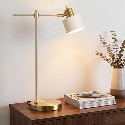22.2" Mid Century Desk Lamp, Modern Metal Table Lamp with LED Bulb, Adjustable Reading Lamps, Industrial Task Lamp for Home Office, Farmhouse Bedside Lamps with Solid Base, Woodgrain