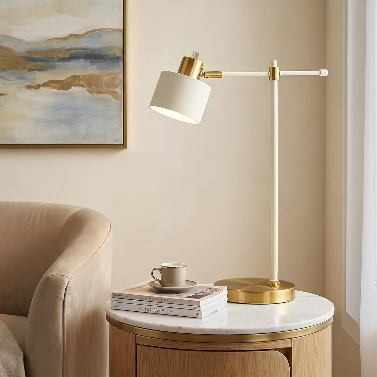 22.2" Mid Century Desk Lamp, Modern Metal Table Lamp with LED Bulb, Adjustable Reading Lamps, Industrial Task Lamp for Home Office, Farmhouse Bedside Lamps with Solid Base, Woodgrain