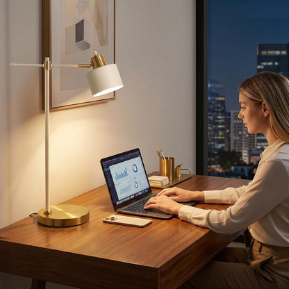22.2" Mid Century Desk Lamp, Modern Metal Table Lamp with LED Bulb, Adjustable Reading Lamps, Industrial Task Lamp for Home Office, Farmhouse Bedside Lamps with Solid Base, Woodgrain