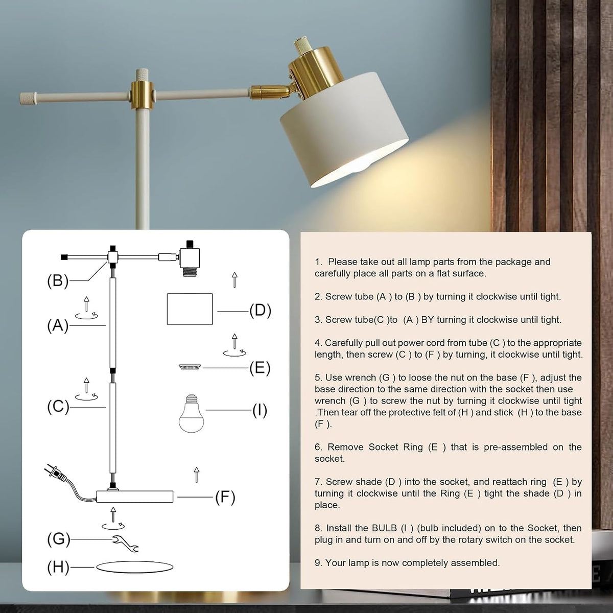 22.2" Mid Century Desk Lamp, Modern Metal Table Lamp with LED Bulb, Adjustable Reading Lamps, Industrial Task Lamp for Home Office, Farmhouse Bedside Lamps with Solid Base, Woodgrain