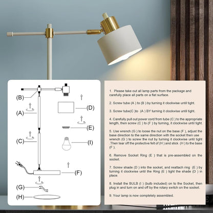 22.2" Mid Century Desk Lamp, Modern Metal Table Lamp with LED Bulb, Adjustable Reading Lamps, Industrial Task Lamp for Home Office, Farmhouse Bedside Lamps with Solid Base, Woodgrain