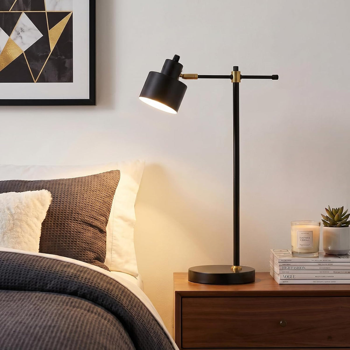 22.2" Mid Century Desk Lamp, Modern Metal Table Lamp with LED Bulb, Adjustable Reading Lamps, Industrial Task Lamp for Home Office, Farmhouse Bedside Lamps with Solid Base, Woodgrain