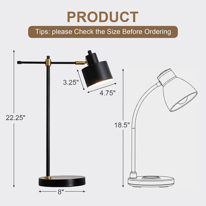 22.2" Mid Century Desk Lamp, Modern Metal Table Lamp with LED Bulb, Adjustable Reading Lamps, Industrial Task Lamp for Home Office, Farmhouse Bedside Lamps with Solid Base, Woodgrain