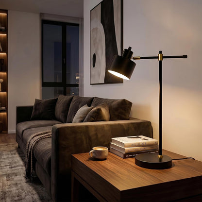 22.2" Mid Century Desk Lamp, Modern Metal Table Lamp with LED Bulb, Adjustable Reading Lamps, Industrial Task Lamp for Home Office, Farmhouse Bedside Lamps with Solid Base, Woodgrain