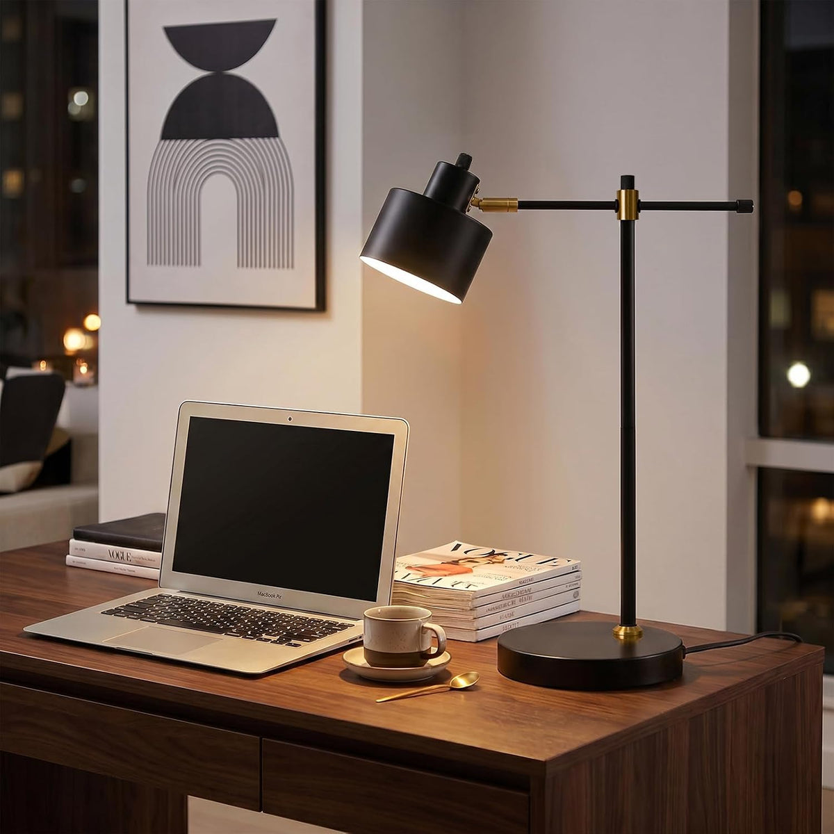 22.2" Mid Century Desk Lamp, Modern Metal Table Lamp with LED Bulb, Adjustable Reading Lamps, Industrial Task Lamp for Home Office, Farmhouse Bedside Lamps with Solid Base, Woodgrain