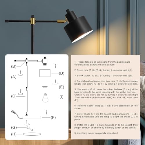 22.2" Mid Century Desk Lamp, Modern Metal Table Lamp with LED Bulb, Adjustable Reading Lamps, Industrial Task Lamp for Home Office, Farmhouse Bedside Lamps with Solid Base, Woodgrain