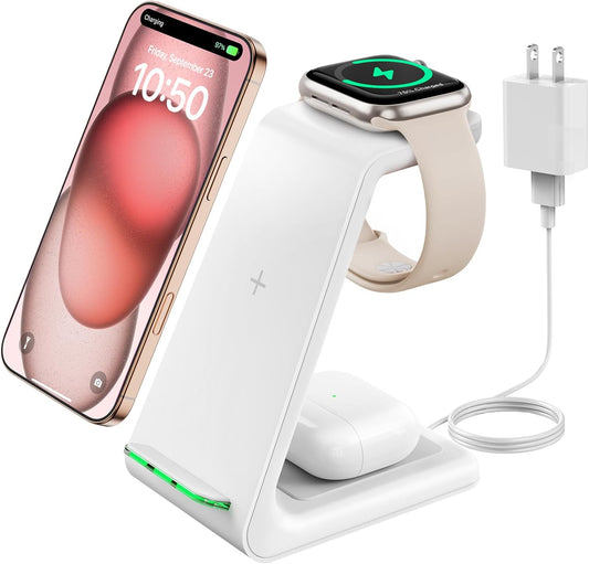 3 in 1 Wireless Charging Station for Apple, Fast Wireless Charger Stand Dock for iPhone 17 16 15 14 13 12 11 Pro Max Plus XR XS X, Apple Watch Ultra/11/10/9/SE/8/7/6/5/4/3/2, AirPods Pro/4/3/2