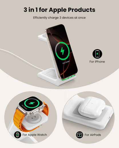 3 in 1 Wireless Charging Station for Apple, Fast Wireless Charger Stand Dock for iPhone 17 16 15 14 13 12 11 Pro Max Plus XR XS X, Apple Watch Ultra/11/10/9/SE/8/7/6/5/4/3/2, AirPods Pro/4/3/2
