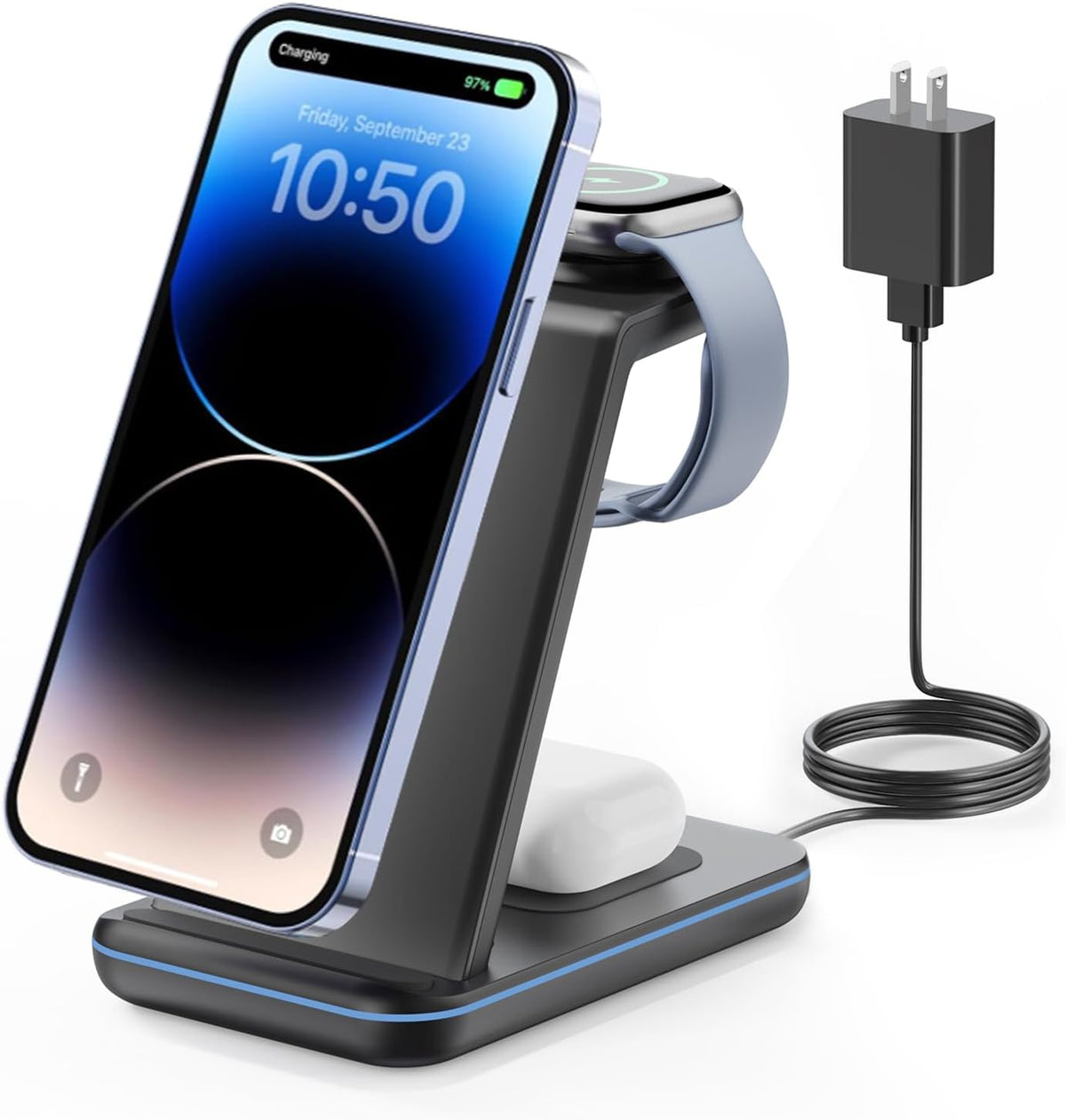3 in 1 Wireless Charging Station for Apple, Fast Wireless Charger Stand Dock for iPhone 17 16 15 14 13 12 11 Pro Max Plus XR XS X, Apple Watch Ultra/11/10/9/SE/8/7/6/5/4/3/2, AirPods Pro/4/3/2