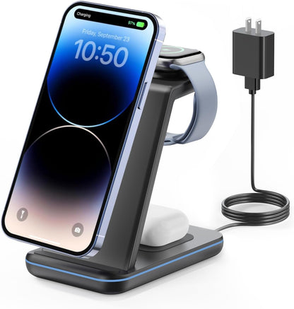 3 in 1 Wireless Charging Station for Apple, Fast Wireless Charger Stand Dock for iPhone 17 16 15 14 13 12 11 Pro Max Plus XR XS X, Apple Watch Ultra/11/10/9/SE/8/7/6/5/4/3/2, AirPods Pro/4/3/2