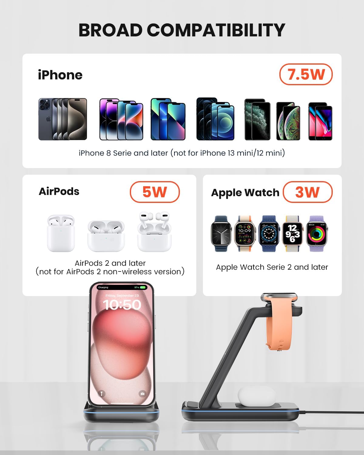 3 in 1 Wireless Charging Station for Apple, Fast Wireless Charger Stand Dock for iPhone 17 16 15 14 13 12 11 Pro Max Plus XR XS X, Apple Watch Ultra/11/10/9/SE/8/7/6/5/4/3/2, AirPods Pro/4/3/2