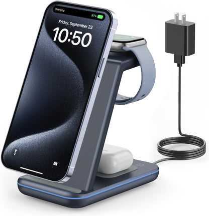 3 in 1 Wireless Charging Station for Apple, Fast Wireless Charger Stand Dock for iPhone 17 16 15 14 13 12 11 Pro Max Plus XR XS X, Apple Watch Ultra/11/10/9/SE/8/7/6/5/4/3/2, AirPods Pro/4/3/2