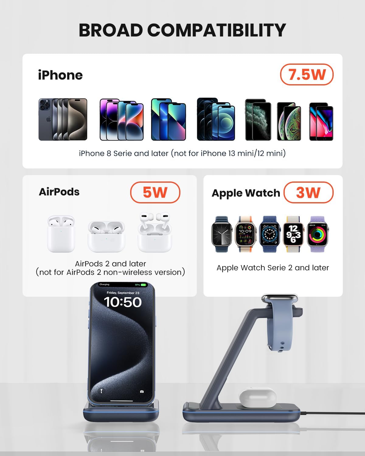 3 in 1 Wireless Charging Station for Apple, Fast Wireless Charger Stand Dock for iPhone 17 16 15 14 13 12 11 Pro Max Plus XR XS X, Apple Watch Ultra/11/10/9/SE/8/7/6/5/4/3/2, AirPods Pro/4/3/2