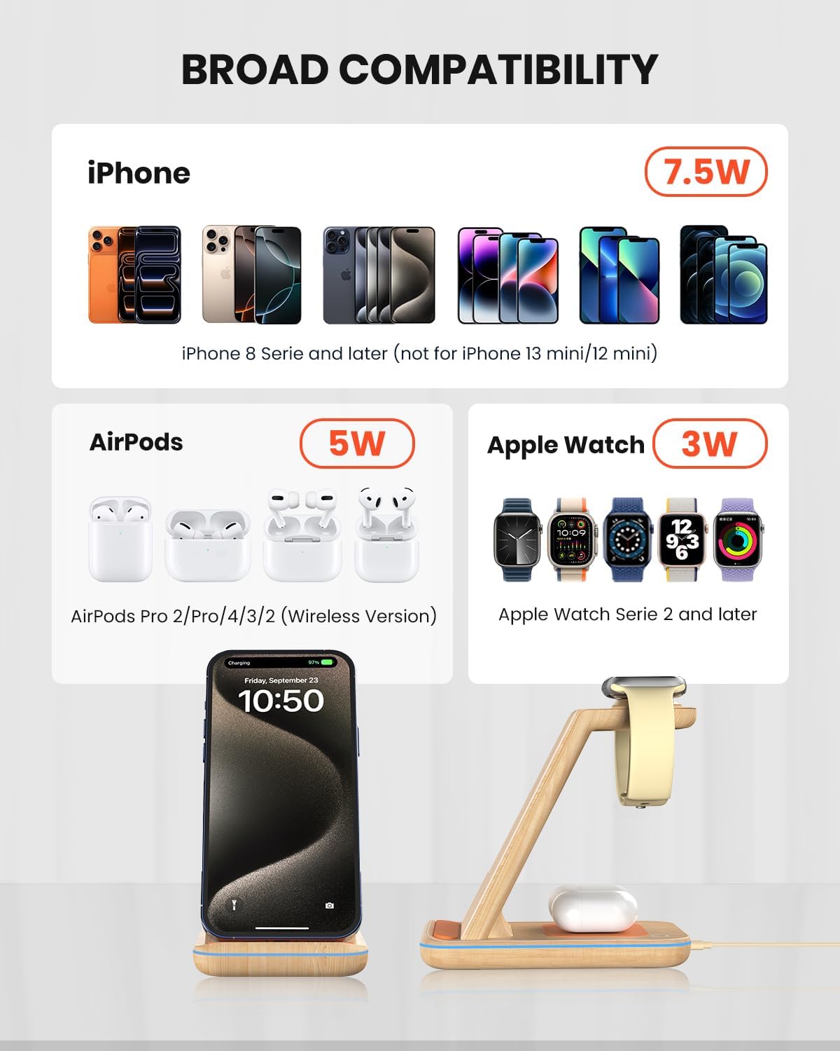 3 in 1 Wireless Charging Station for Apple, Fast Wireless Charger Stand Dock for iPhone 17 16 15 14 13 12 11 Pro Max Plus XR XS X, Apple Watch Ultra/11/10/9/SE/8/7/6/5/4/3/2, AirPods Pro/4/3/2