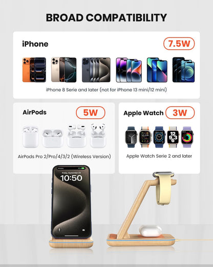 3 in 1 Wireless Charging Station for Apple, Fast Wireless Charger Stand Dock for iPhone 17 16 15 14 13 12 11 Pro Max Plus XR XS X, Apple Watch Ultra/11/10/9/SE/8/7/6/5/4/3/2, AirPods Pro/4/3/2
