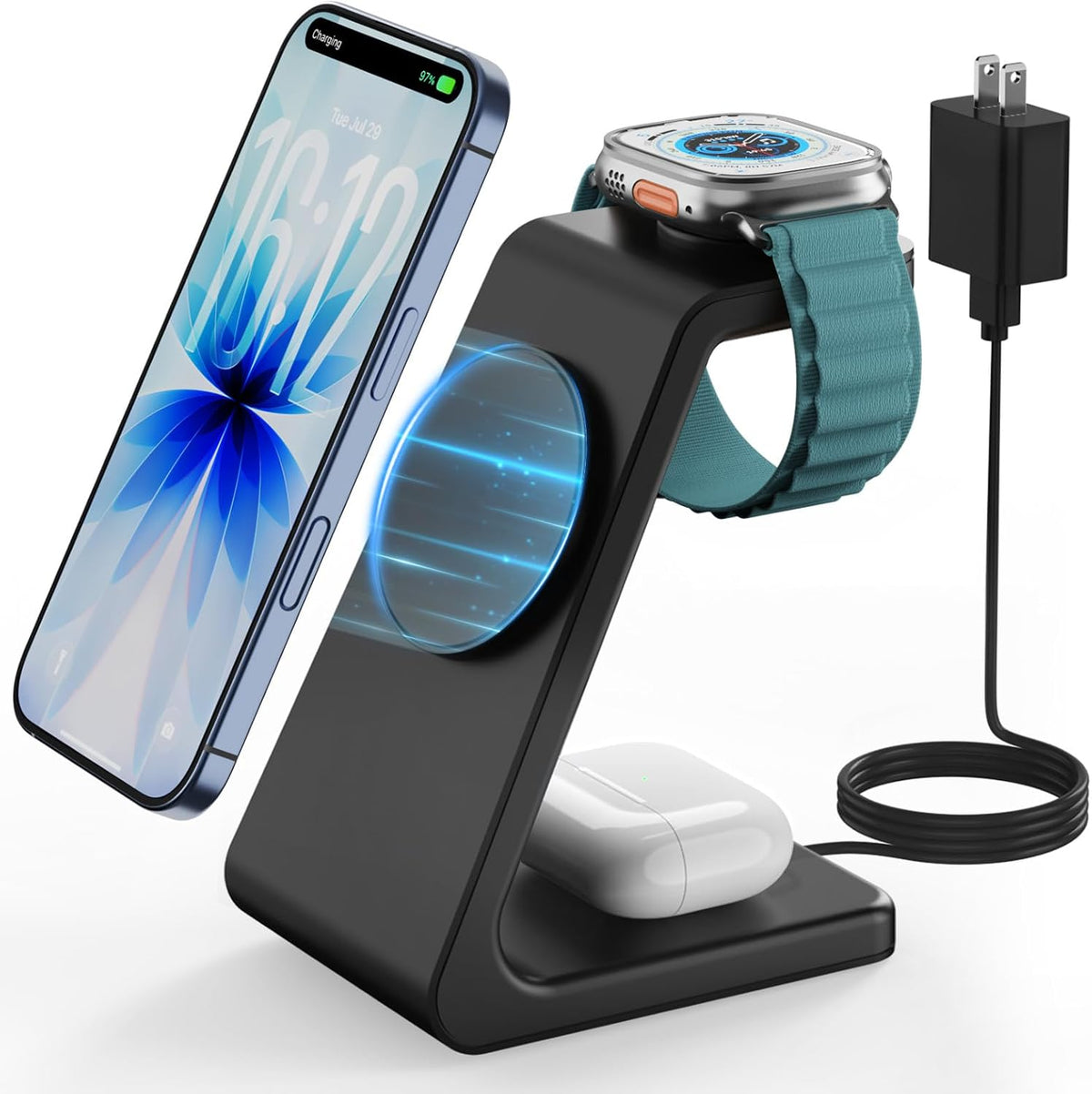 3 in 1 Wireless Charging Station for Apple, Fast Wireless Charger Stand Dock for iPhone 17 16 15 14 13 12 11 Pro Max Plus XR XS X, Apple Watch Ultra/11/10/9/SE/8/7/6/5/4/3/2, AirPods Pro/4/3/2