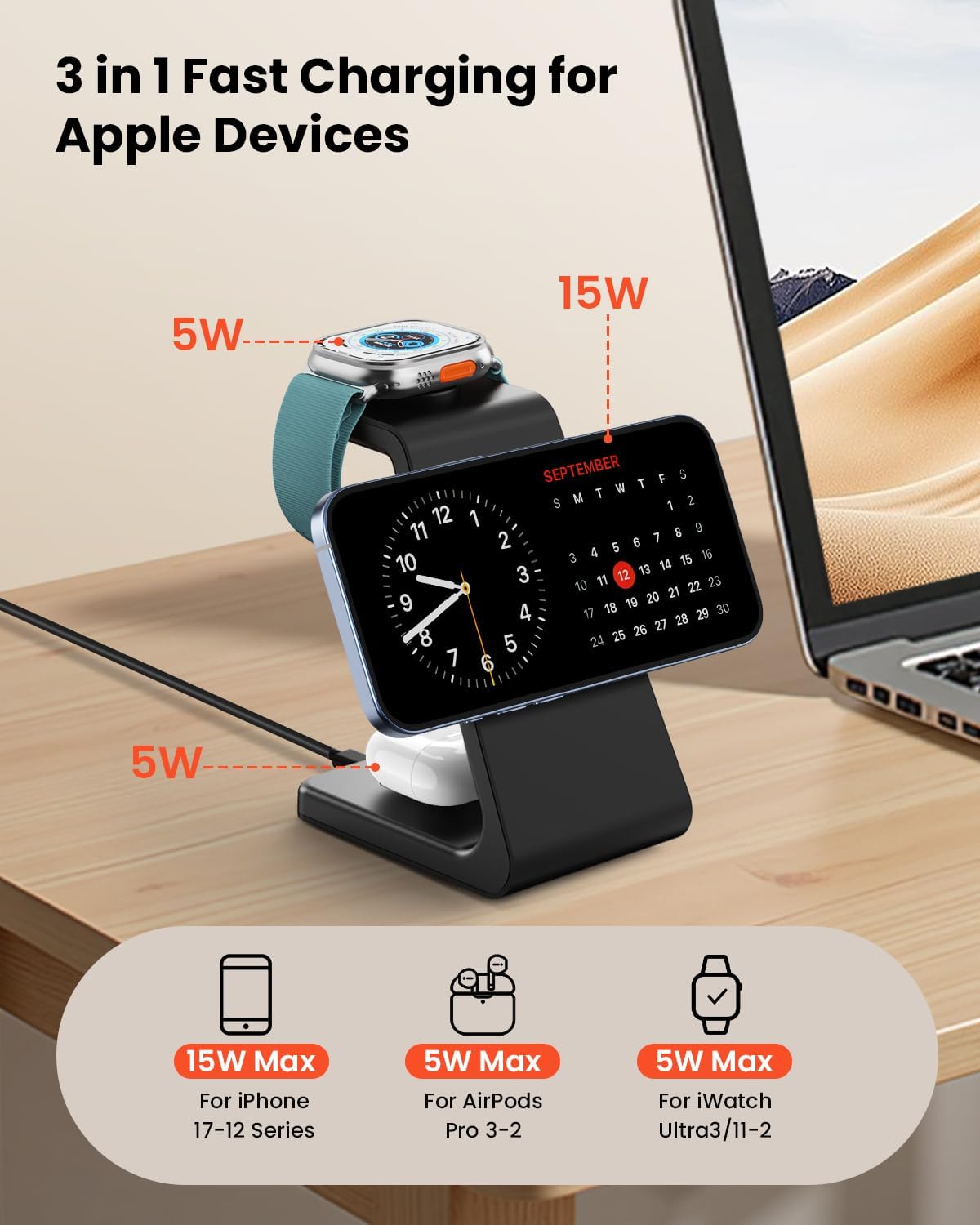 3 in 1 Wireless Charging Station for Apple, Fast Wireless Charger Stand Dock for iPhone 17 16 15 14 13 12 11 Pro Max Plus XR XS X, Apple Watch Ultra/11/10/9/SE/8/7/6/5/4/3/2, AirPods Pro/4/3/2