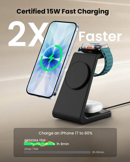 3 in 1 Wireless Charging Station for Apple, Fast Wireless Charger Stand Dock for iPhone 17 16 15 14 13 12 11 Pro Max Plus XR XS X, Apple Watch Ultra/11/10/9/SE/8/7/6/5/4/3/2, AirPods Pro/4/3/2