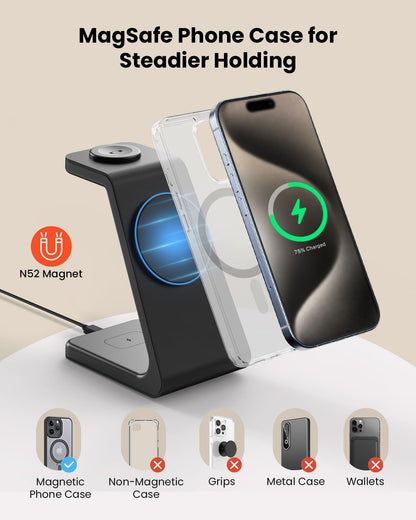 3 in 1 Wireless Charging Station for Apple, Fast Wireless Charger Stand Dock for iPhone 17 16 15 14 13 12 11 Pro Max Plus XR XS X, Apple Watch Ultra/11/10/9/SE/8/7/6/5/4/3/2, AirPods Pro/4/3/2