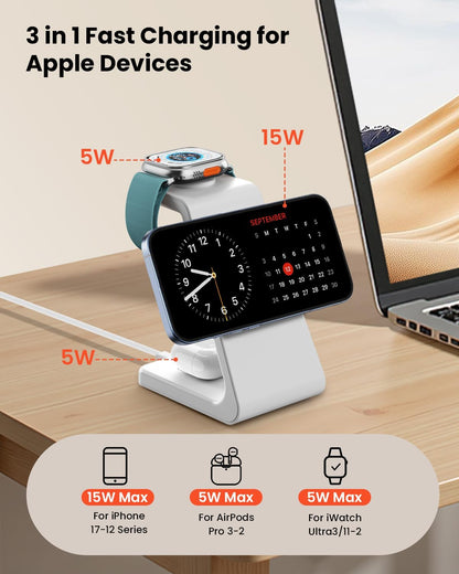 3 in 1 Wireless Charging Station for Apple, Fast Wireless Charger Stand Dock for iPhone 17 16 15 14 13 12 11 Pro Max Plus XR XS X, Apple Watch Ultra/11/10/9/SE/8/7/6/5/4/3/2, AirPods Pro/4/3/2