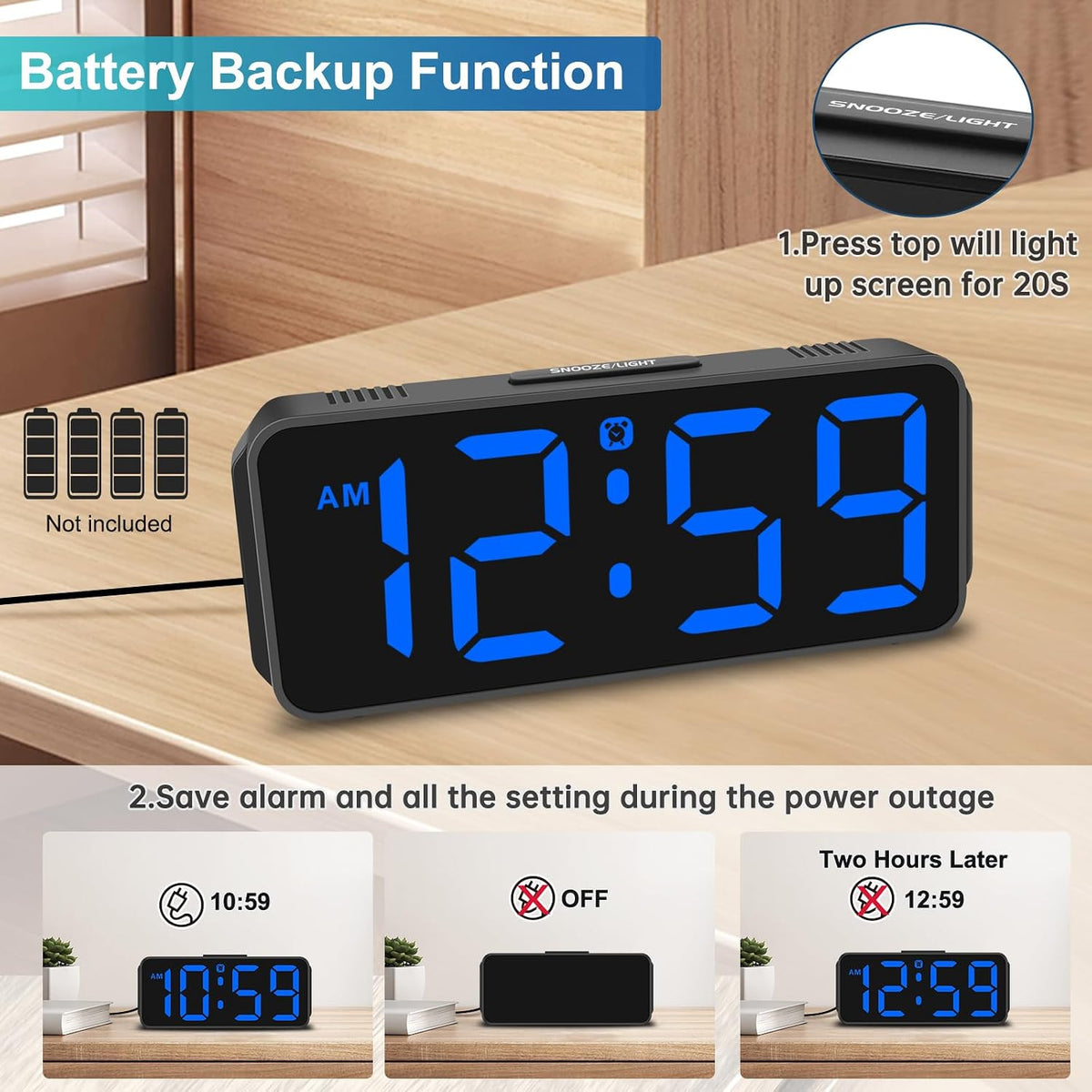 Small Digital Alarm Clock for Bedroom, Large Number, Battery Backup
