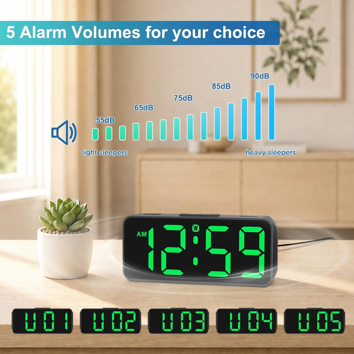 Small Digital Alarm Clock for Bedroom, Large Number, Battery Backup