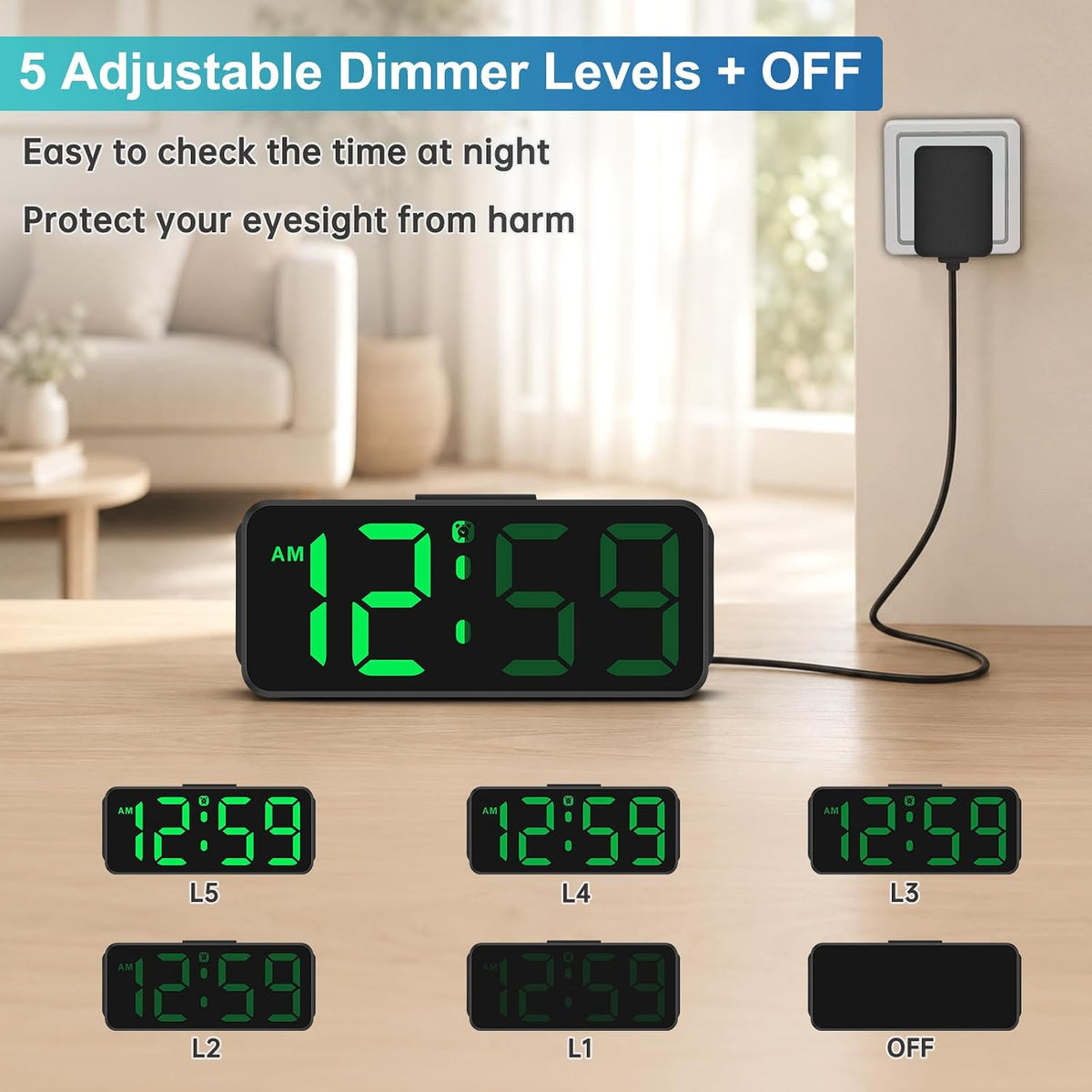 Small Digital Alarm Clock for Bedroom, Large Number, Battery Backup