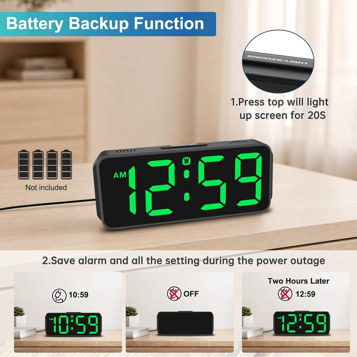 Small Digital Alarm Clock for Bedroom, Large Number, Battery Backup