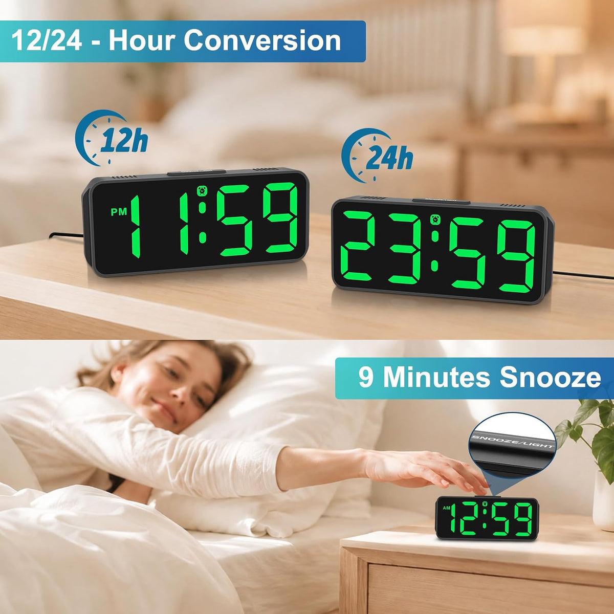 Small Digital Alarm Clock for Bedroom, Large Number, Battery Backup