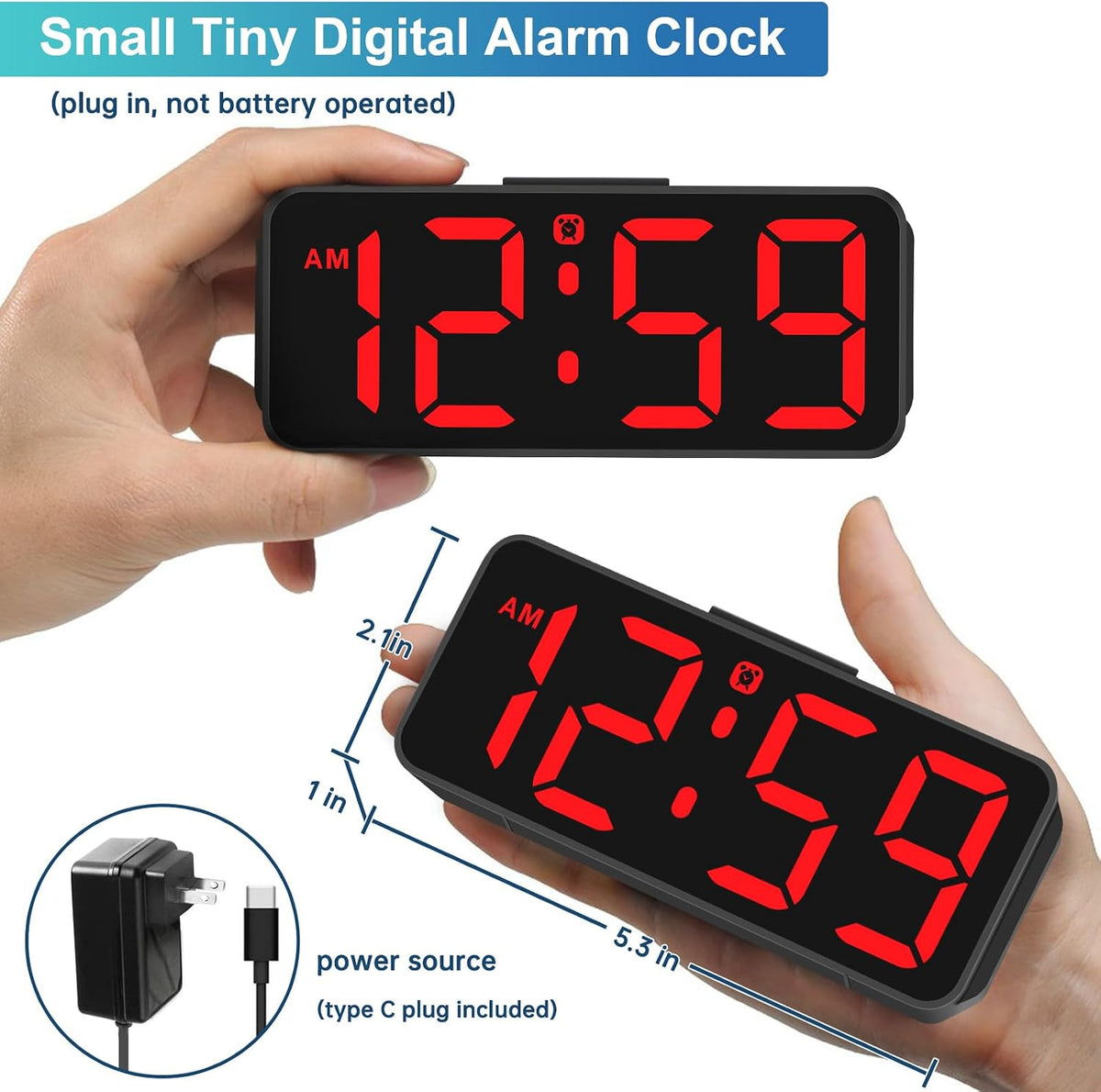 Small Digital Alarm Clock for Bedroom, Large Number, Battery Backup