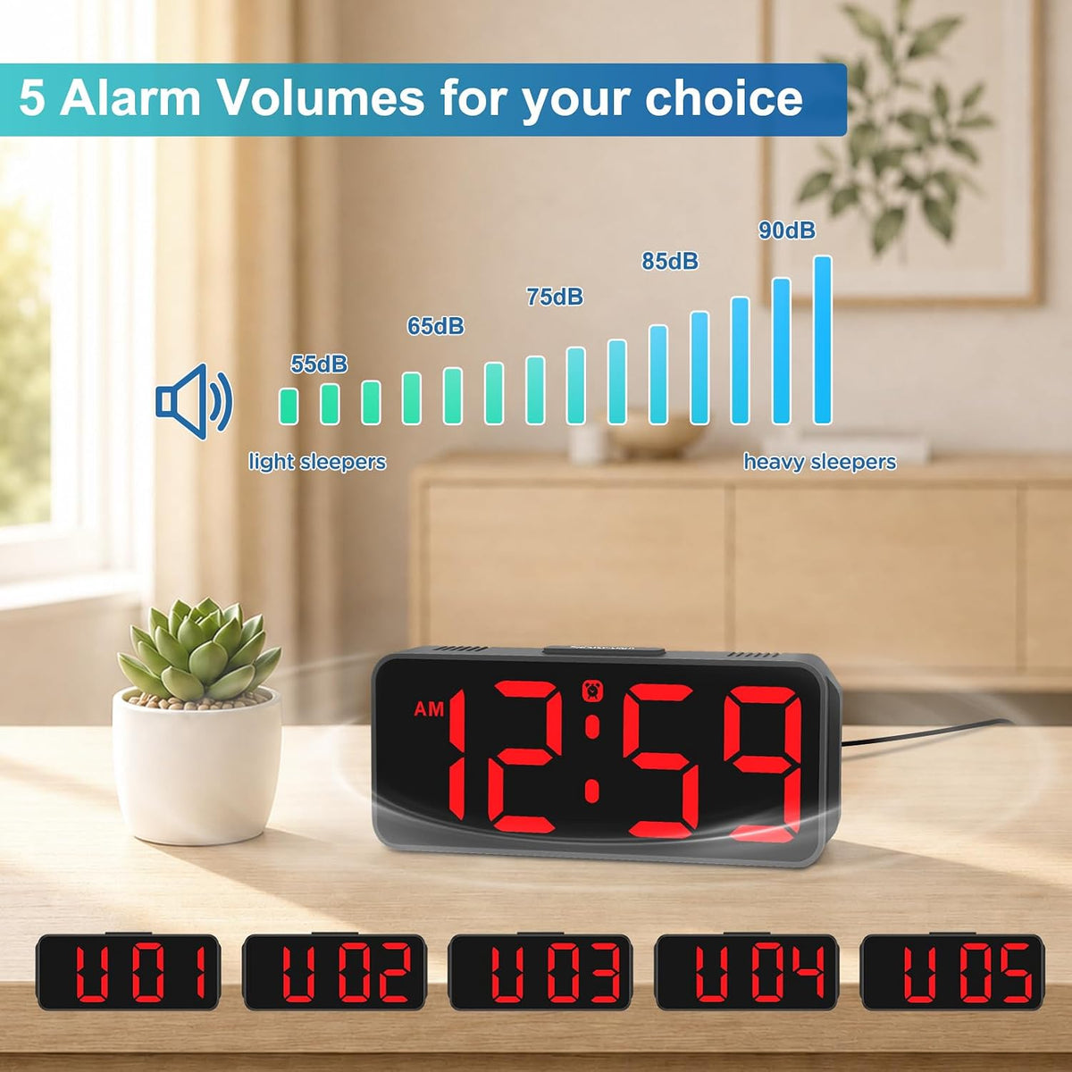 Small Digital Alarm Clock for Bedroom, Large Number, Battery Backup
