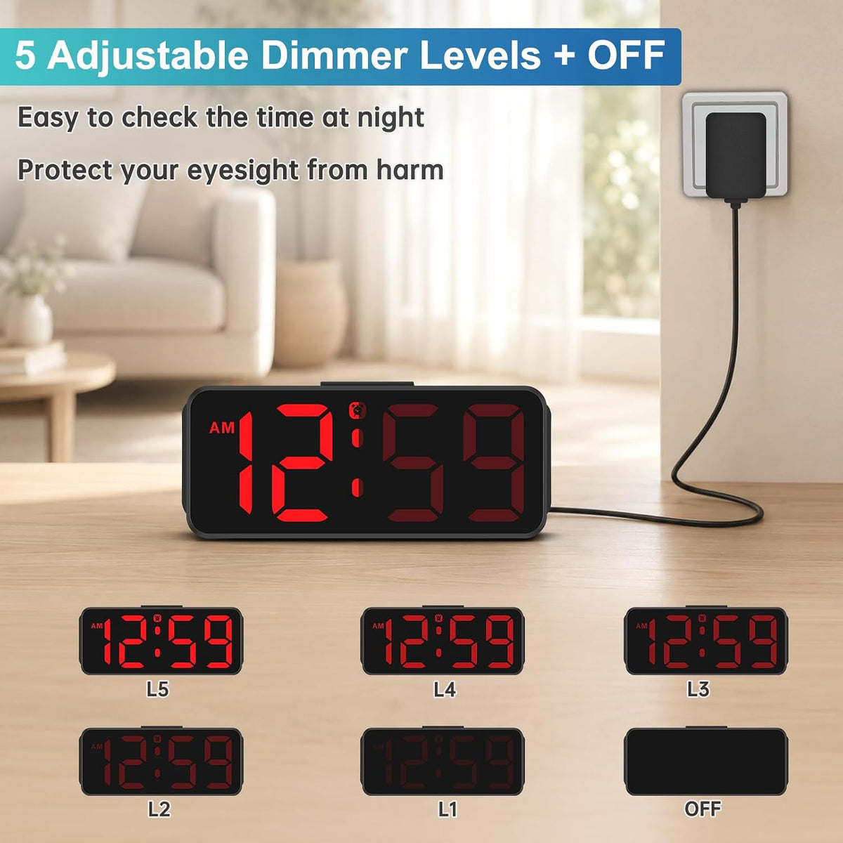 Small Digital Alarm Clock for Bedroom, Large Number, Battery Backup