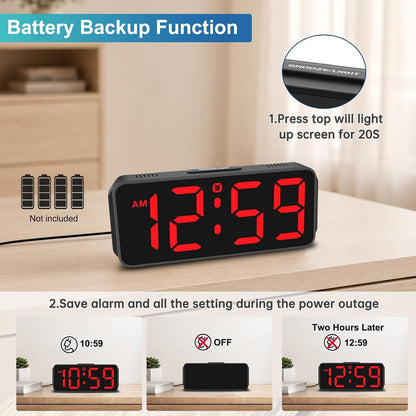 Small Digital Alarm Clock for Bedroom, Large Number, Battery Backup