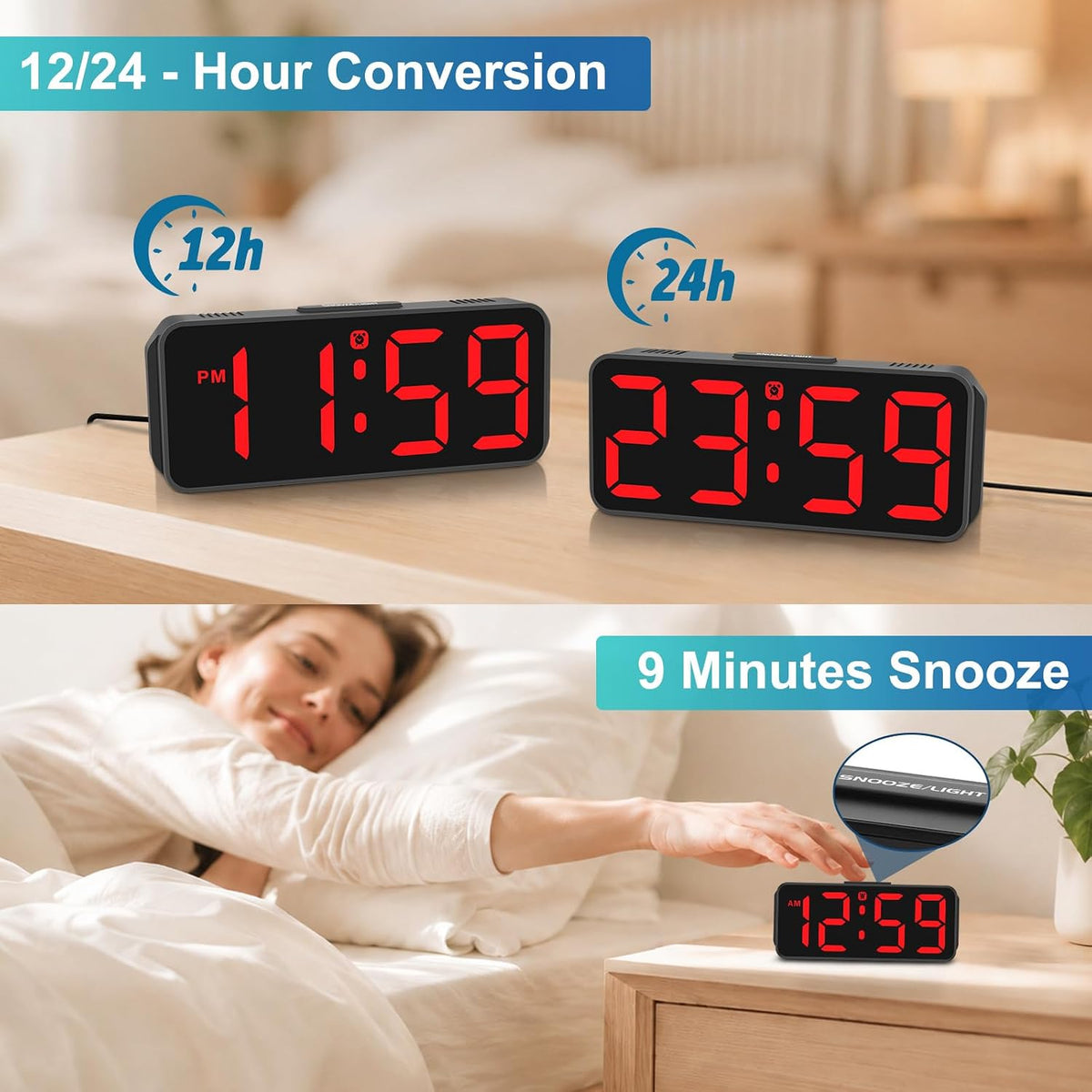 Small Digital Alarm Clock for Bedroom, Large Number, Battery Backup