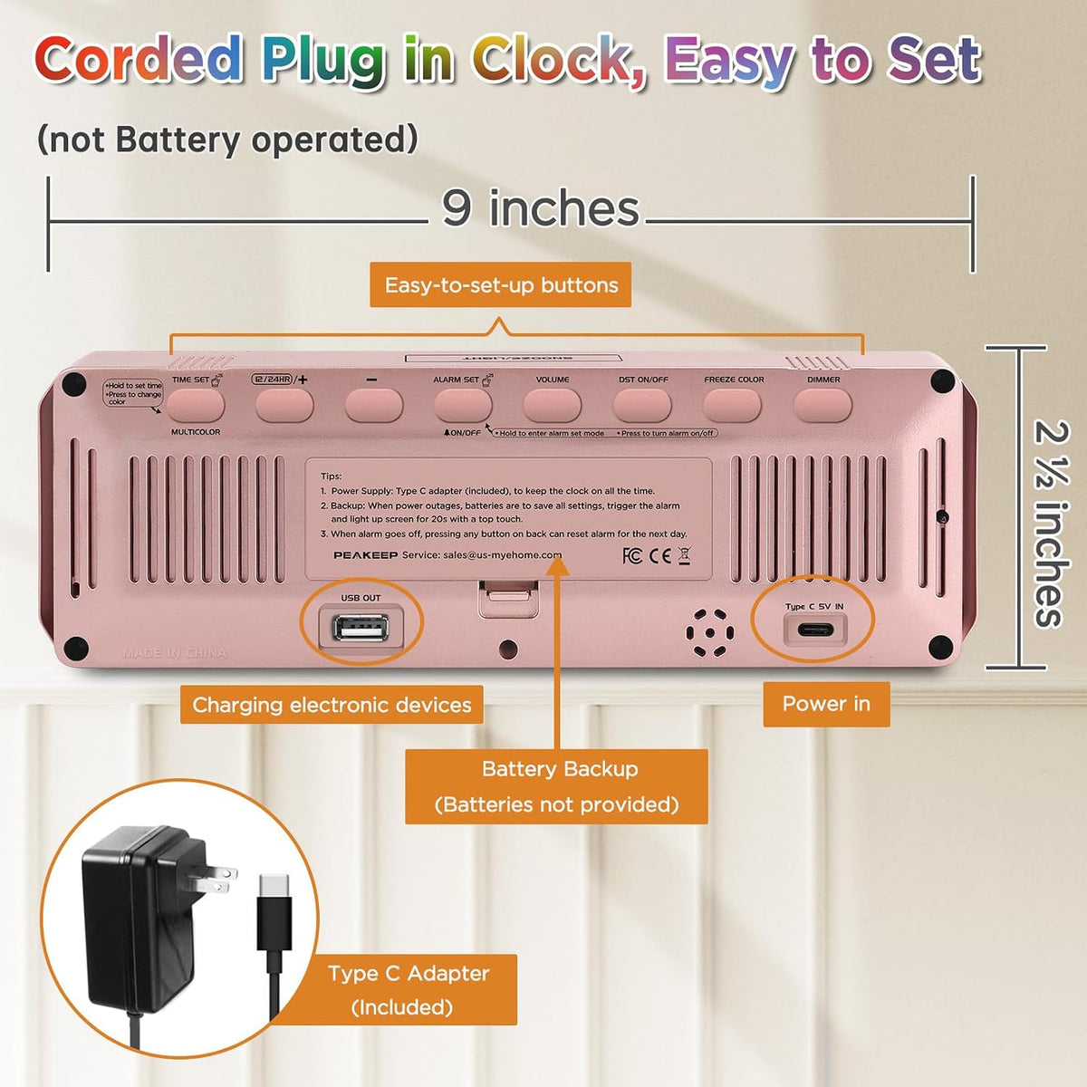 Small Digital Alarm Clock for Bedroom, Large Number, Battery Backup