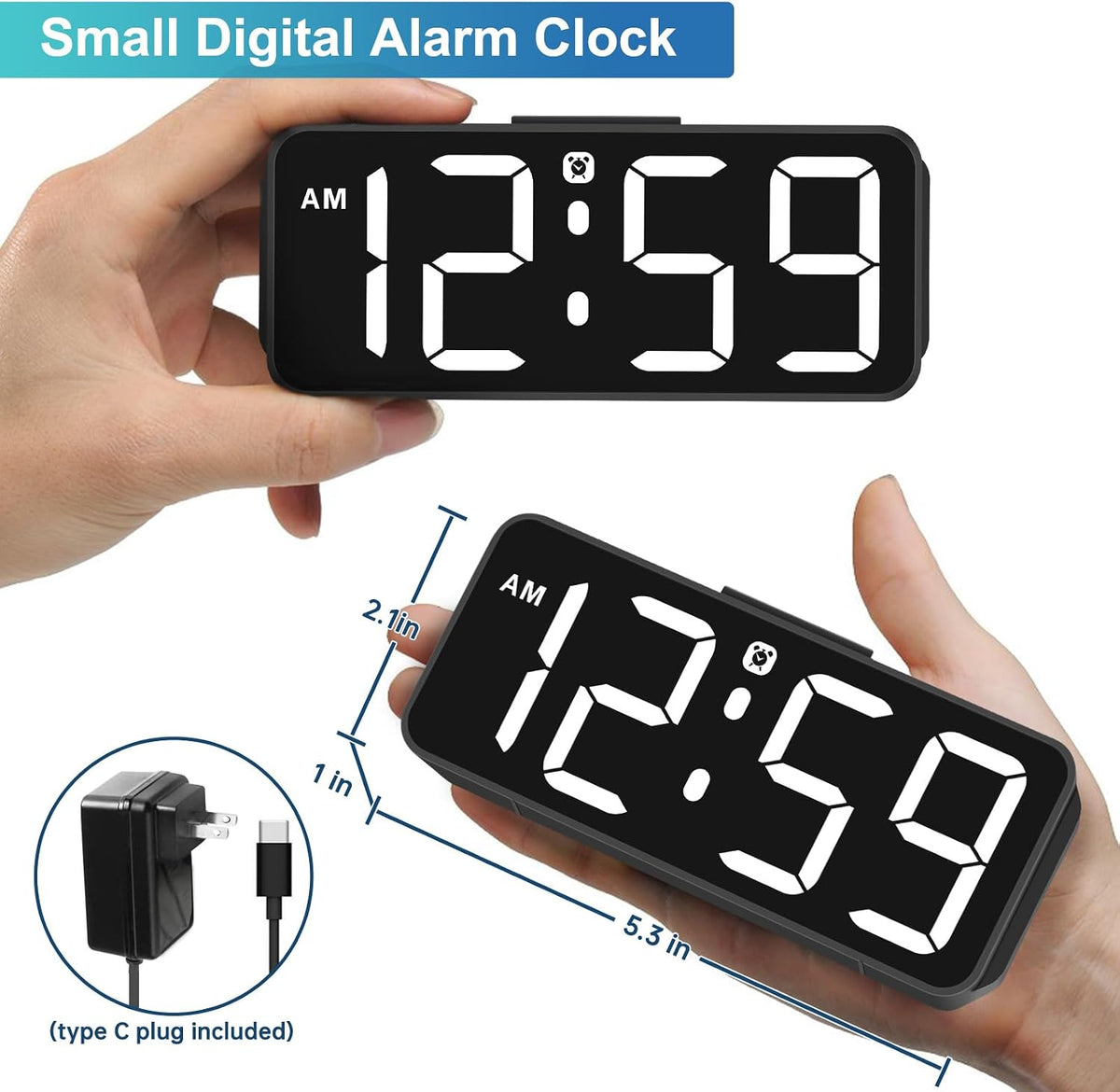 Small Digital Alarm Clock for Bedroom, Large Number, Battery Backup