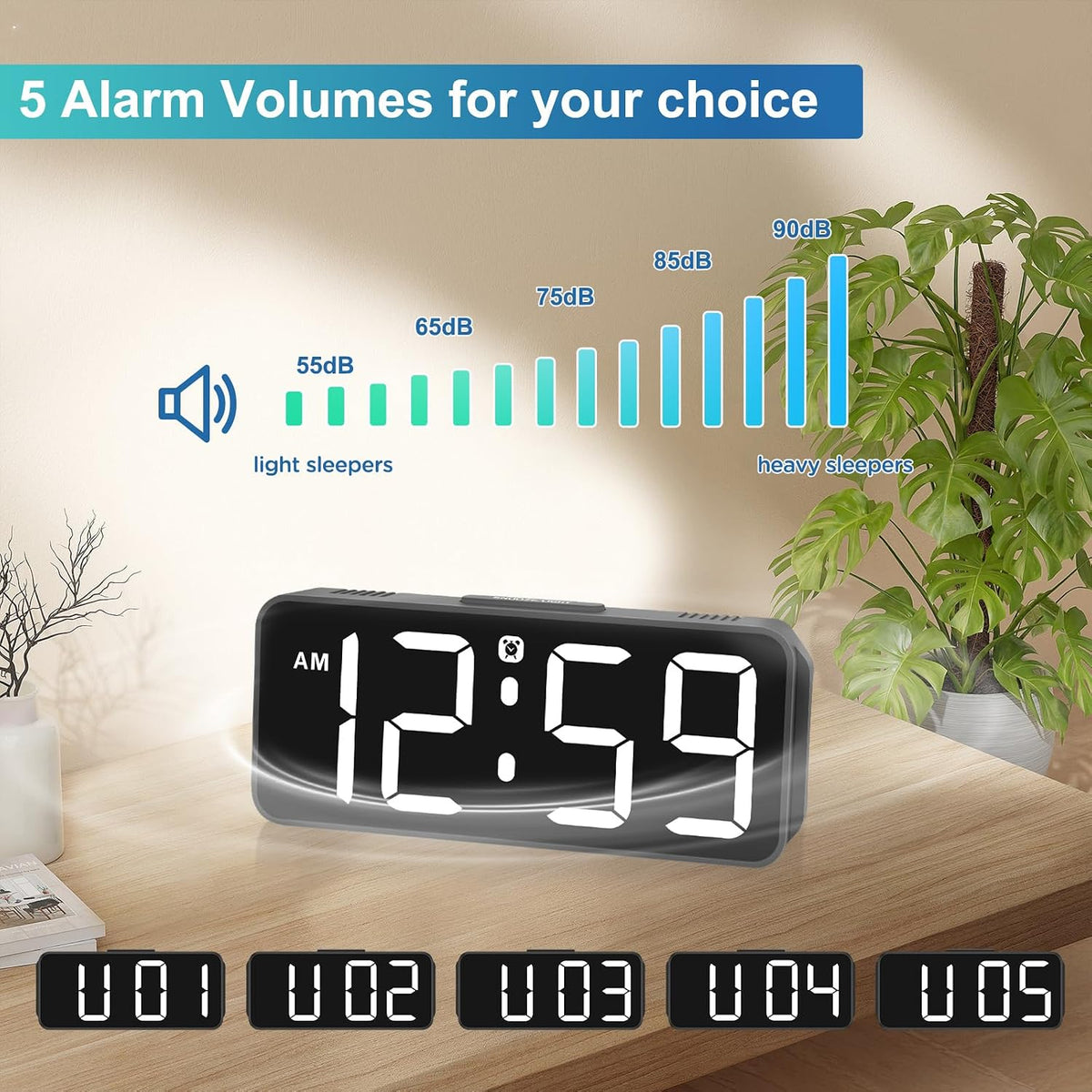 Small Digital Alarm Clock for Bedroom, Large Number, Battery Backup