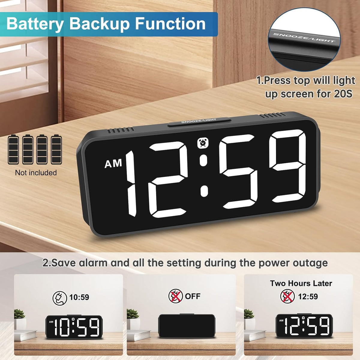 Small Digital Alarm Clock for Bedroom, Large Number, Battery Backup