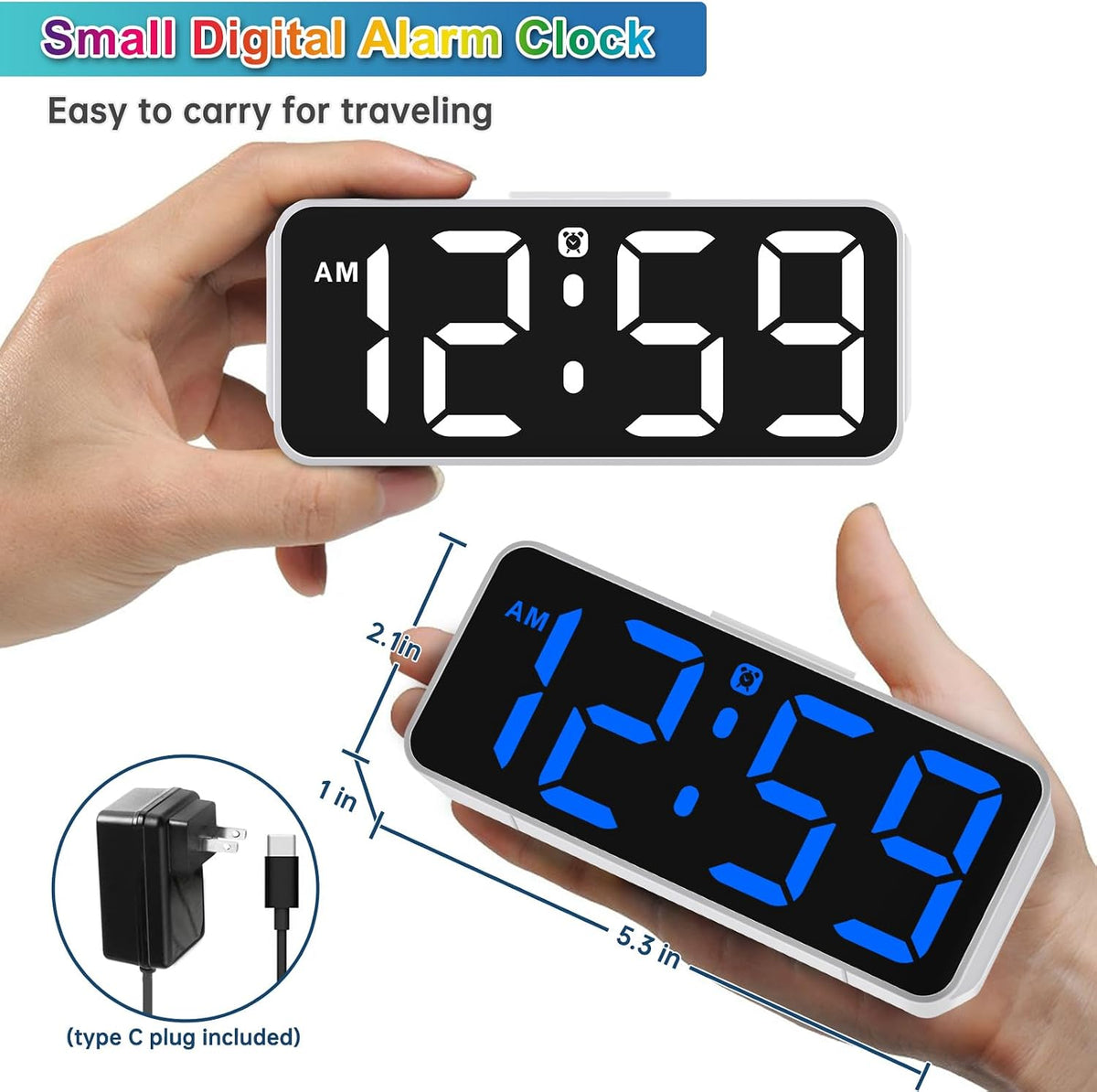 Small Digital Alarm Clock for Bedroom, Large Number, Battery Backup