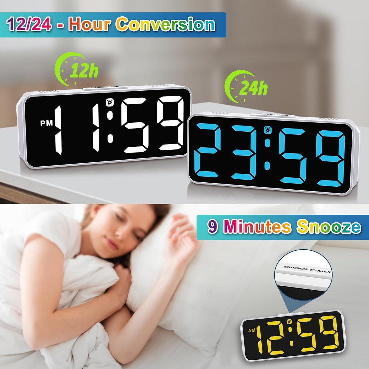 Small Digital Alarm Clock for Bedroom, Large Number, Battery Backup